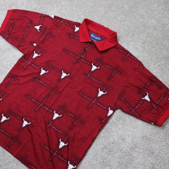 Wrangler AOP Polo Shirt Mens 2XL XXL (18-20) Red Horns All Over Print Cotton S/S - Picture 3 of 10